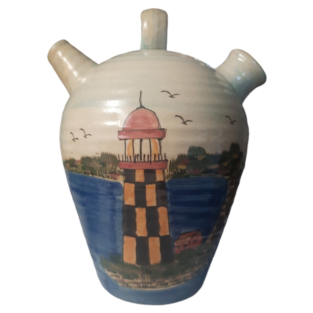 WcL Lighthouse nautical pottery pitcher crock stoneware beautifully painted